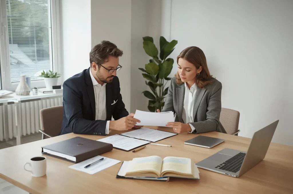 Professionelle Beratung zu Recht und Compliance für Unternehmensgründung in Deutschland, mit Anwältin und Unternehmer bei Vertragsprüfung im modernen Büro